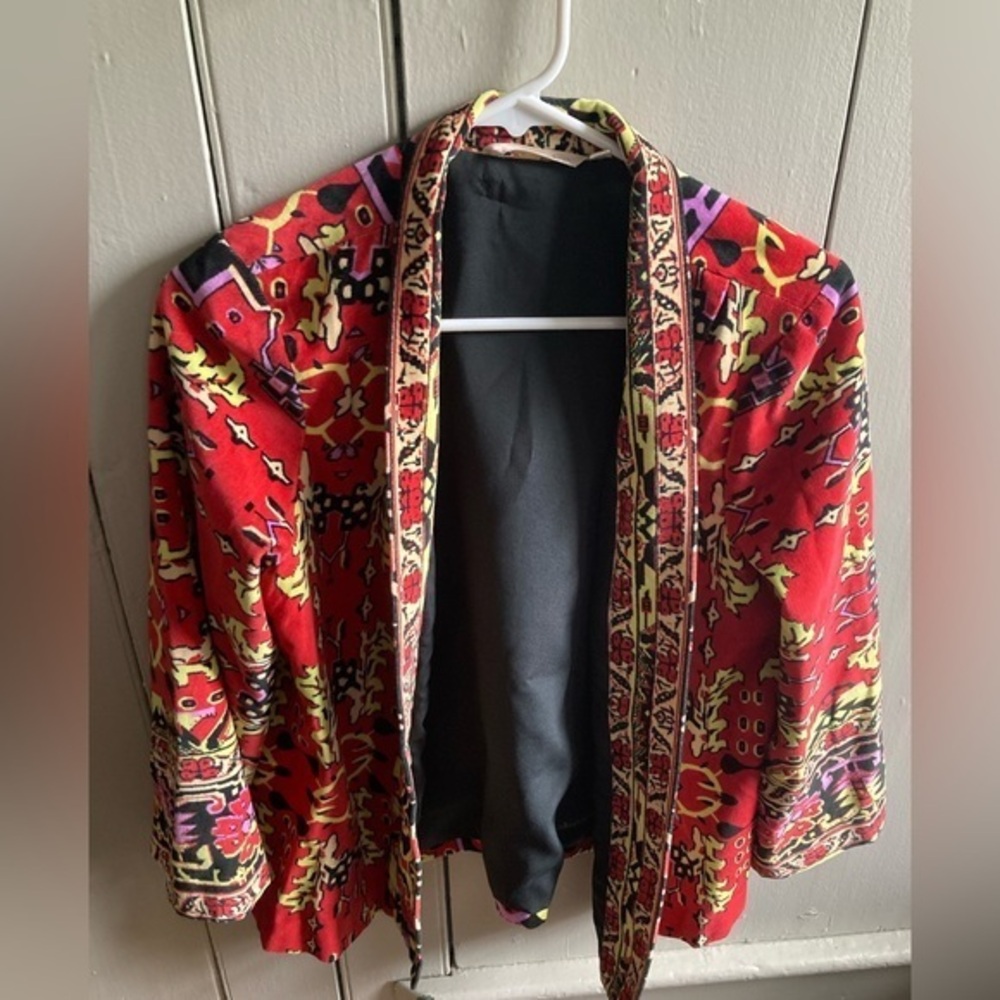 Soft Surroundings Vera Velvet Open Cardigan Blazer Jacket Bold Aztec Small